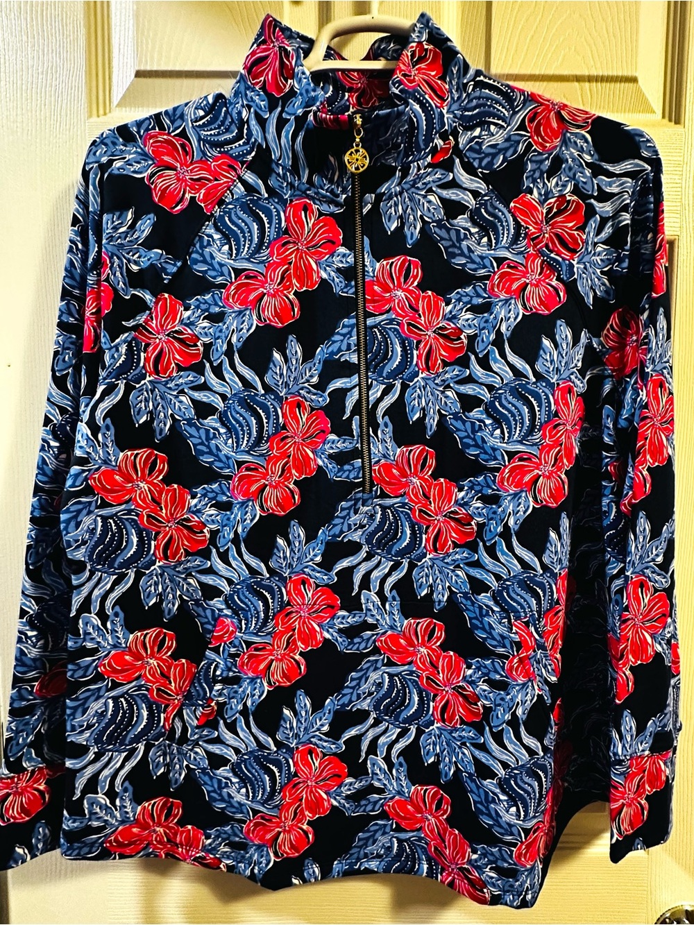 Lilly Pulitzer Black Half-Zip Top with Red & Blue Floral Print